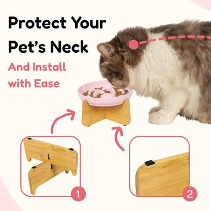 Elevated Slow Feeder Cat Bowl with Bamboo Stand, 6.3'' Ceramic Cat Food Bowl, Raised Whisker Friendly Cat Dish for Wet & Dry Food, Dishwasher Safe Anti-Slip Feeder for Cats & Small Dogs (Pink) - Image 4