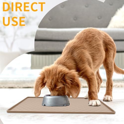 Ptlom Dog Food Mat Anti-Slip Bowl Mats for Food and Water, Waterproof Pet Placemat with High Raised Edges, Silicone Puppy Feeding Tray for Small, Medium Large Dogs Cats, Taupe, 31.5" 23.6" - Image 3