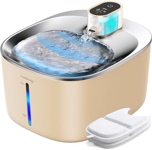 FEELNEEDY Cat Water Fountain Battery Operated, 4L/135 fl oz Pet Water Fountain for Cats and Dog with Motion Sensor, Ultra Quiet Cat Drinking Fountain with 2 Filters (Beige YPD-C004P) by FEELNEEDY