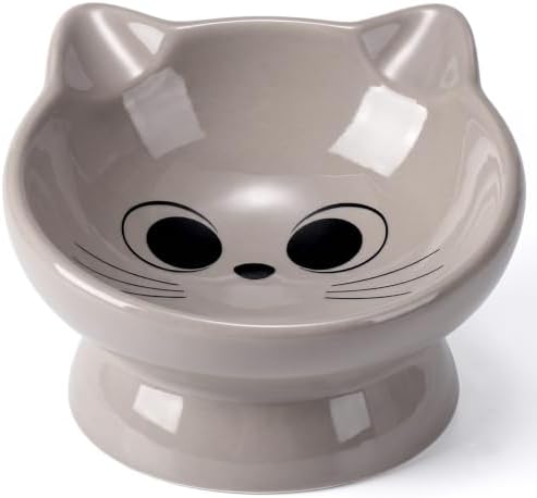 Raised Cat Food Bowl Ceramic 15° Tilted Cat Food Bowls Protect Cat's Spine Anti Vomiting Backflow Prevention Bowls for Adult Kitty, Kitten, and Small Dogs, Grey by AISBUGUR