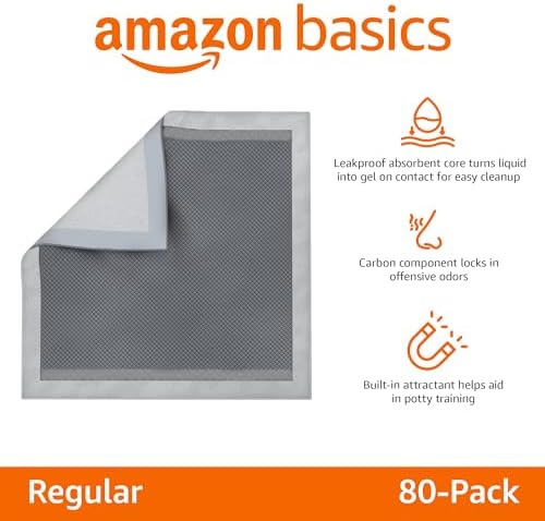 Amazon Basics Carbon Odor Control Dog and Puppy Pee Pads, 5-Layer Leak-Proof Super Absorbent, Quick-Dry Surface for Potty Training, Regular Size 22"x22", Gray, 80 Count - Image 2