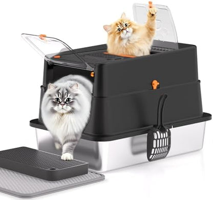 Stainless Steel Litter Box with Lid, XL Enclosed Cat Litter Box for Big Cats, Easy to Clean High Sided Metal Kitty, Front & Top Entry, Scoop, Mat& Foot Pedal - Black by APPKER