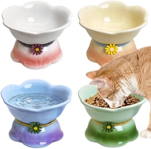 Kathson 4 Pcs Ceramic Raised Cat Food Bowls Elevated Kitty Bowl for Food and Water Anti Vomiting Tilted Cat Bowl for Kittens and Small Dogs Dishwasher and Microwave Safe (8.45 Ounces) by kathson
