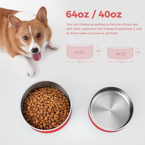 WENBOKMIN Dog Bowl, Stainless Steel Dog Food and Water Bowl with Non Slip Quiet Bottom, Easy to Clean, Dishwasher Safe, 64oz, Red - Image 2