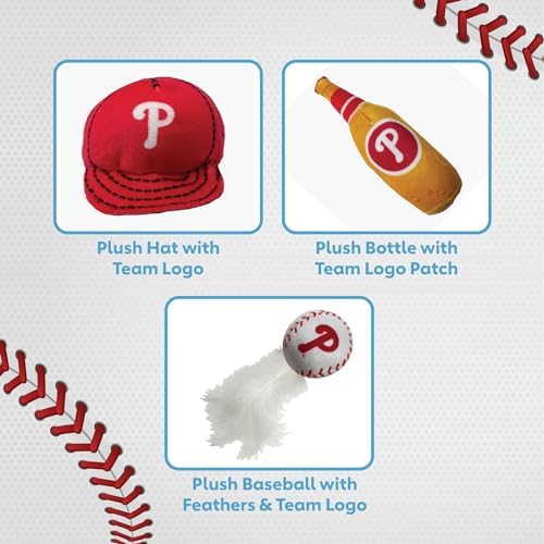 Best Plush CAT Toy - MLB Philadelphia Phillies Complete Set of 3 Piece Cat Toys Filled with Catnip. Incld: 1 Baseball Cap Cat Toy, 1 Baseball Cat Toy with Feathers & 1 Beer Bottle. Team Logos - Image 7