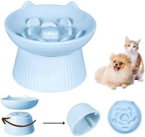 Unbreakable Raised Slow Feeder Bowl for Cats and Small Dogs, Elevated Cat Bowls, Detachable Slow Feede Bowl, Heavy Weighted, Non-Slip Feeder, Dry & Wet Food, Whisker Friendly (Blue; 6.2'') by FullCharm