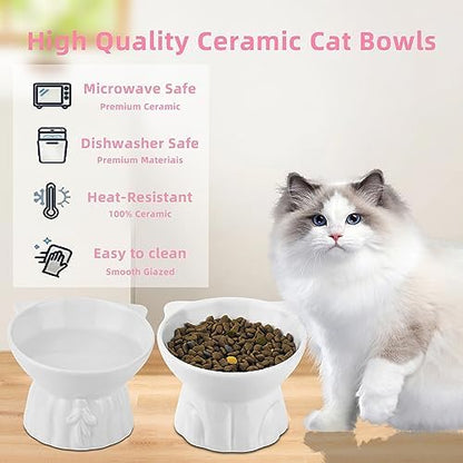 Elevated Cat Bowls 2-Pack, Ceramic Raised Cat Food & Water Dishes - Extra Wide & Shallow Whisker-Friendly Design, Anti-Vomit & Easy Digestion, Lead/Cadmium-Free, Microwave & Dishwasher Safe (White) - Image 6
