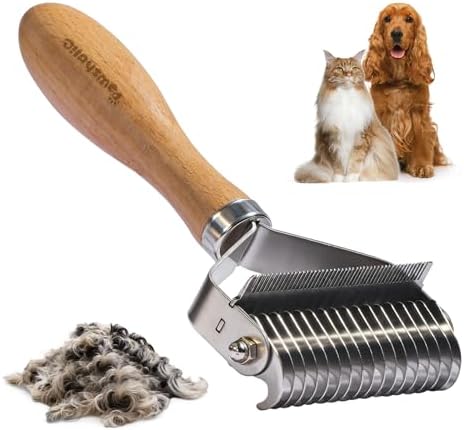 3-in-1 Professional Pet Shedding Dematting Comb - Deshedding Undercoat Rake for Dogs with Stainless Steel Blades Metal Pet Brush with Wood Handle Matted Hair Detangling Thinning and Shedding by PAWSHOLIC