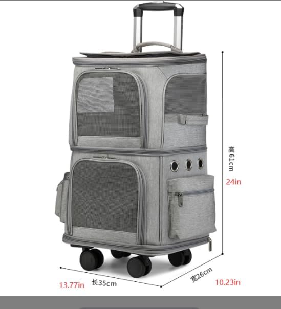 Rolling Pet Carrier for 2 Pets,Double-Compartment Pet Rolling Carrier with Wheels for 2 Pets,for Up to 22 LBS,Super Ventilated Design,Ideal for Traveling/Hiking/Camping (Grey)