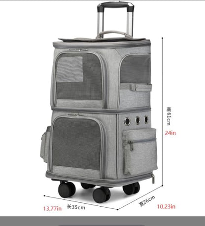 Rolling Pet Carrier for 2 Pets,Double-Compartment Pet Rolling Carrier with Wheels for 2 Pets,for Up to 22 LBS,Super Ventilated Design,Ideal for Traveling/Hiking/Camping (Grey)