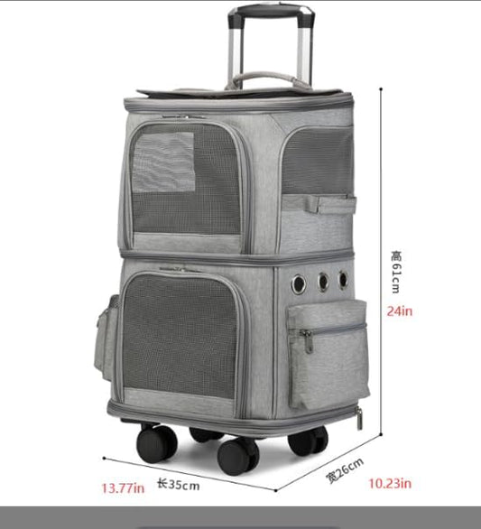 Rolling Pet Carrier for 2 Pets,Double-Compartment Pet Rolling Carrier with Wheels for 2 Pets,for Up to 22 LBS,Super Ventilated Design,Ideal for Traveling/Hiking/Camping (Grey)