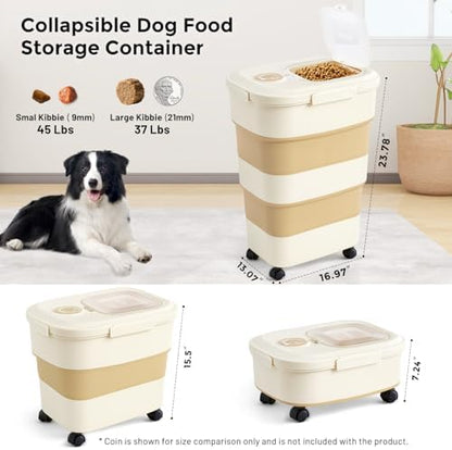 ZOMISIA 40-50lbs Collapsible Dog Food Storage Container with Wheels, Khaki - Image 2