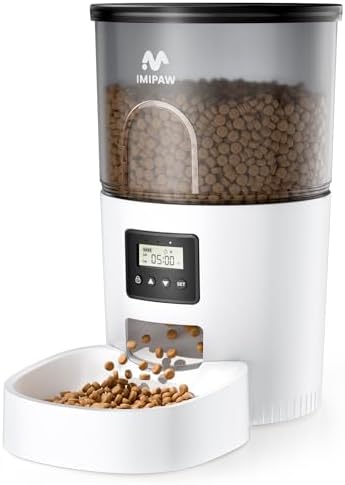IMIPAW Automatic Cat Feeders, Timed Cat Dry Food Dispenser with Desiccant Bag, Dual Power Supply, Programmable Portion Size, 6 Meals, 20 Portions Per Day, Auto Pet Feeder for Cats and Small Dog, White by IMIPAW