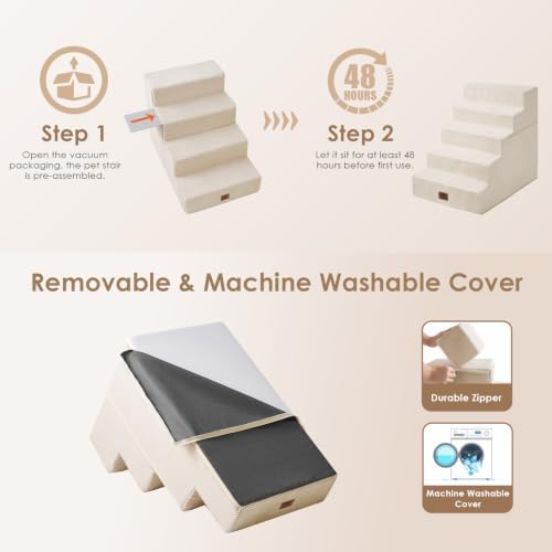 EHEYCIGA Dog Stairs for Bed 22.5" H, 5-Step Extra Wide Dog Steps, Beige - Image 6