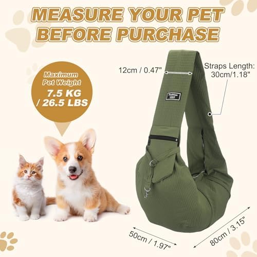 Dog Sling Carrier for Small Dogs and Cats Up to 16.5 Lbs, Soft Pouch Waterproof with Zipper Pocket Pet Cross Body Shoulder Bag, (Army Green, 1 Pcs) Intended for Outdoor/Travel - Image 2