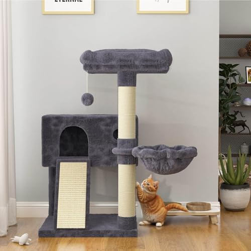 SHA CERLIN Cat Tree 36 Inches Cat Tower with Hammock, Sisal Scratching Post for Indoor Kittens, Small Room, Smoky Grey - Image 2
