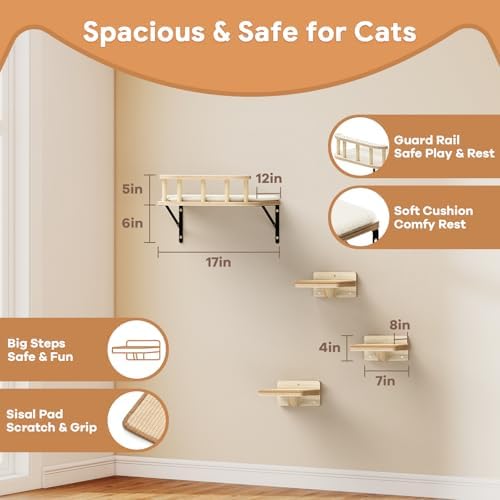 17" × 13" Large Cat Wall Shelves- Wall Climber Wooden Furniture Cat Shelf with Cushion and 3 Wide Perch Steps for Large Cats and Kittens Sleeping, Playing, Climbing - Image 4