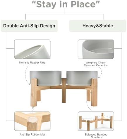 SPUNKYJUNKY Elevated Dog Bowls Ceramic, 6.1'' Dogs and Cat Food Water Bowls Raised with Non-Slip Bamboo Stand for Medium Sized Breed Microwave Dishwasher Safe - 28.7 OZ,Grey - Image 4