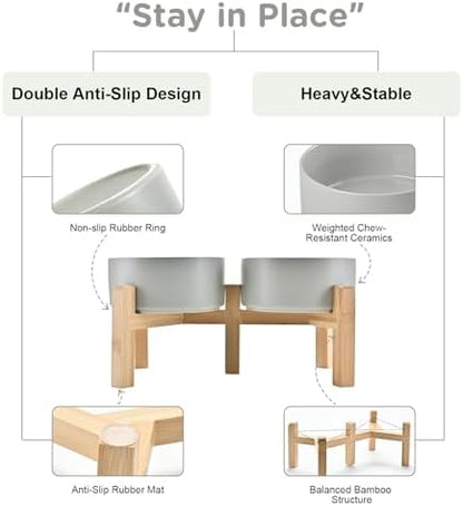SPUNKYJUNKY Elevated Dog Bowls Ceramic, 6.1'' Dogs and Cat Food Water Bowls Raised with Non-Slip Bamboo Stand for Medium Sized Breed Microwave Dishwasher Safe - 28.7 OZ,Grey - Image 4