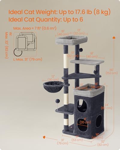 Feandrea Cat Tree Indoor, 60" Multiple-Level Plush Cat Tower, Dark Gray - Image 5