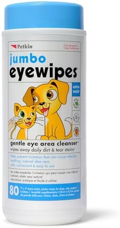 Petkin Jumbo Pet Eye Wipes, 80 Extra Moist Wipes - Gentle Eye Cleansing Wipes Remove Dirt, Discharge, & Tear Stains - Safe, Convenient, & Easy to Use Pet Wipes for Dogs, Cats, Puppies & Kittens by Petkin