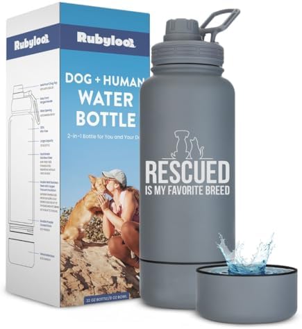 Rubyloo Dog Water Bottle w/Detachable Bowl for Dog Lovers, Favorite Rescue by Rubyloo