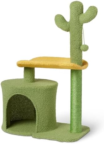 Amazon Basics Cactus Cat Tower for Indoor Cats, 4-in-1 Scratching Post with Curved Perch, Cozy Condo, Natural Sisal, Interactive Dangling Ball, 30.7 in H, Green by AmazonBasics