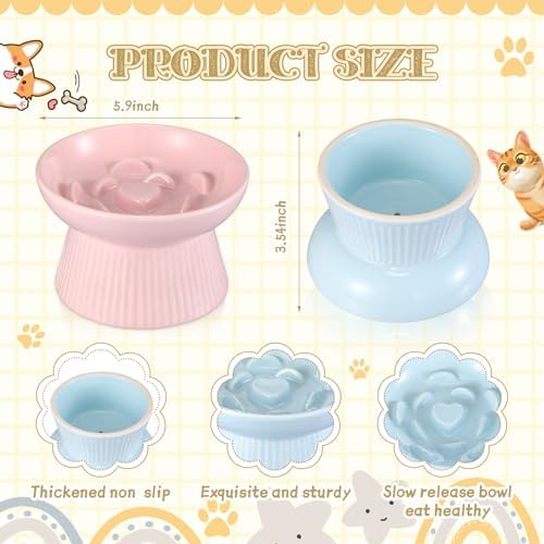 Layhit 2 Pack Raised Slow Feeder Cat Bowls Ceramic Elevated Cat Food Bowls Anti Vomiting Slow Feeder for Dog and Kitten for Dry and Wet Food(Blue, Pink) - Image 2