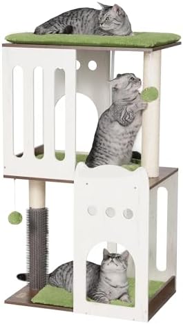 FourFurPets 43.7in 3-Tier Modern Cat Tree Tower Condo, Cat Scratch Posts for Indoor Cats, Big Plate, Two 19.7in Full Sisal Scratching Posts, White by FourFurPets