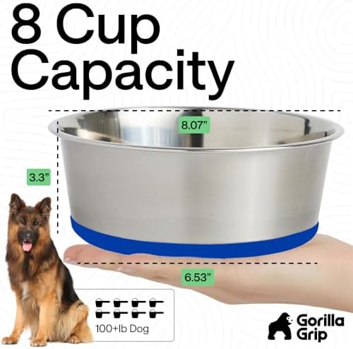 GORILLA GRIP Dog Bowls, Food Grade Stainless Steel, Set of 2, 8 Cup, Blue - Image 4