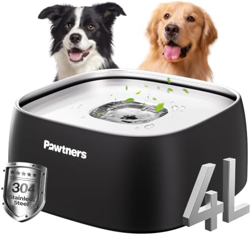 Pawtners All Stainless Steel Dog Water Bowl No Spill, 135oz/4L, Black by Pawtners