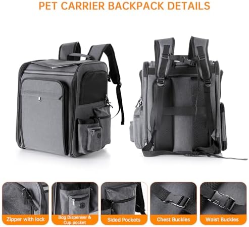 Cat Backpack Carrier,Double Side Expandable Cat Carrier Backpack,Dog Carrier Backpack for Medium Cats and Small Dogs,Puppies Up to 20 Lbs,Pets Carrier Backpack with Breathable Mesh(Grey) - Image 6