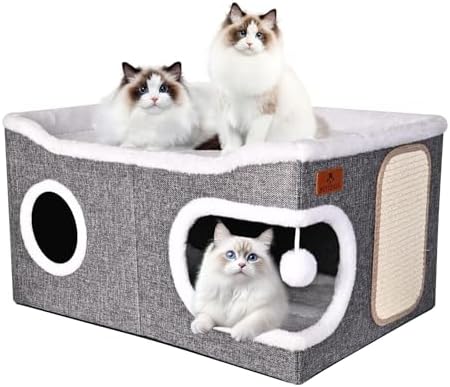 Extra Large Cat Beds for Indoor Cats, Covered Cat Cave Beds & Furniture with Scratch Pad and Fluffy Ball, Foldable Cat Condo Hideaway with Reversible Cushion for Multi Small Pet Large Kittens, Grey by Unknown