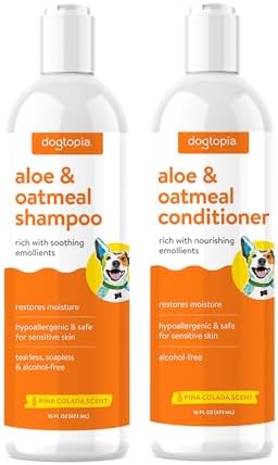 Aloe & Oatmeal Dog Shampoo and Conditioner Combo - Skin Safe Hydration, Emollient Rich, Moisturizing (Shampoo & Conditioner Set) - 2X 16oz Bottles w/Pina Colada Scent by Dogtopia