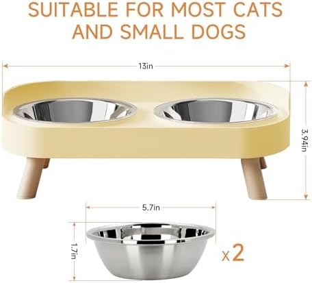 Elevated Cat Bowl, Raised Cat Food and Water Bowl Set for Indoor Cats, Splash Proof with 2 Stainless Steel Pet Food Bowls for Cats and Puppies, Whisker Fatigue and Dishwasher Safe - Yellow - Image 6