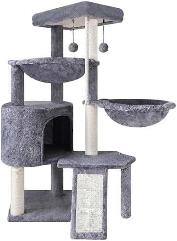 Three Layer Cat Tree with Cat Condo and Two Hammocks,Grey by Unknown