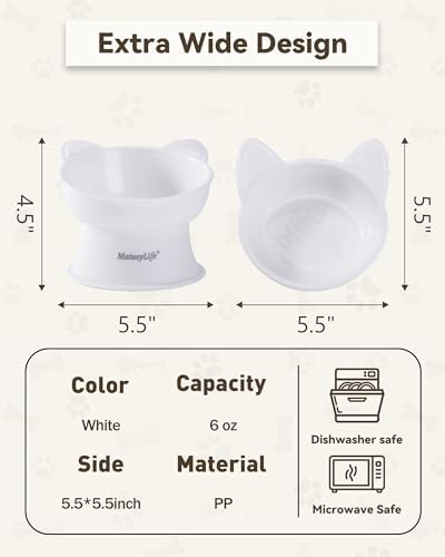 MateeyLife Raised Cat Bowls, Cat Food Bowl Elevated for Kittens & Small Dogs, 15°Tilted Protect Pets' Neck and Anti Vomiting, Whisker Friendly Food & Water Feeding Bowl, 6 oz Each - White - Image 4