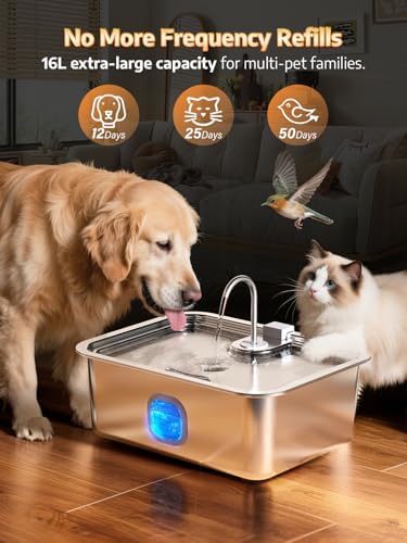 4.2Gal Dog Water Fountain for Large Dogs, 16L Stainless Steel Large Dog Fountain Water Bowl with Deeper & Wider Drinking Tray, Automatic Pet Water Dispenser with Visible Window for Multi-Pets Families - Image 2