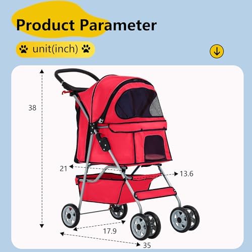 FDW | 4-Wheel Foldable Pet Stroller | Red | Lightweight & Portable - Image 7