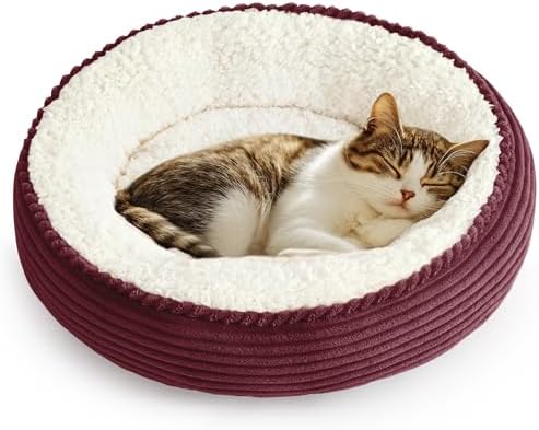 Love's cabin Round Donut Cat and Dog Cushion Bed, 20in Pet Bed for Cats or Small Dogs, Anti-Slip & Water-Resistant Bottom, Super Soft Durable Fabric Pet beds, Washable Luxury Bed Burgundy Stripe by Lovescabin