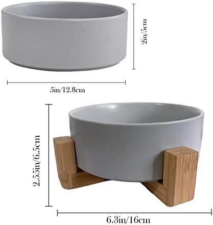 Ceramic Dog Cat Bowl with Wood Stand,Cat Food & Water Bowls Elevated Non-Spill Modern Cute Kitty Dishes Heavy Weighted Round Pet Dishes Set for Small Kitten Grown Cat(Grey) - Image 3