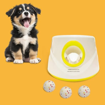 Automatic Dog Ball Launcher-Small Silent Dog Ball Thrower, 3 Adjustable Distances (20ft/33ft/46ft), Rechargable,Includes 3 Durable 2.3" Balls for Small/Medium Dogs (Yellow, Medium) by UJQWPetHaven