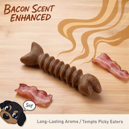 MECOOL Durable Nylon Dog Chew Toy – Bacon Flavored Fish Bone Shape for Aggressive Chewers, Tough Interactive Teething Toy for Medium Large Dogs, Long-Lasting Dental Chew Bone - Image 2