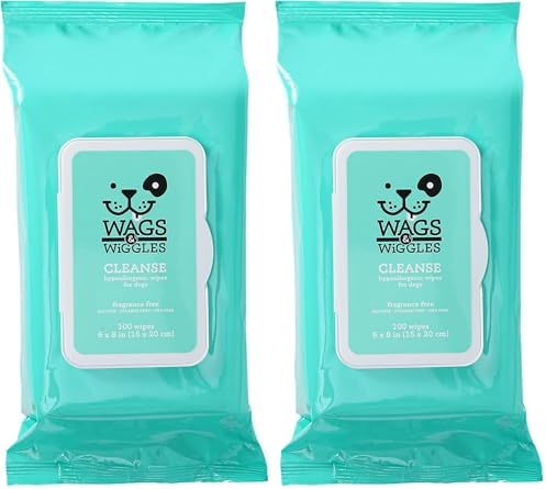 Wags & Wiggles Hypoallergenic Dog Wipes for Sensitive Skin, Fragrance Free Waterless Cleansing Towelettes for Paws Face Body & Rear, No SLS DEA Parabens, 100 Count - 2 Pack by Wags+%26+Wiggles
