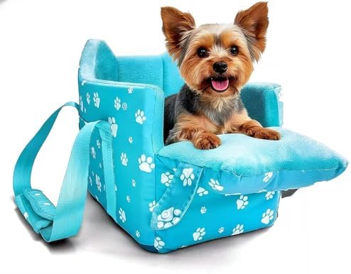 Center Console Dog Car Seat for Small Dogs Under 15lbs,Detachable Washable Booster Pet Car Seat Travel Bed with Storage Pockets and Seat Belt(Blue) by HANMEIANINC