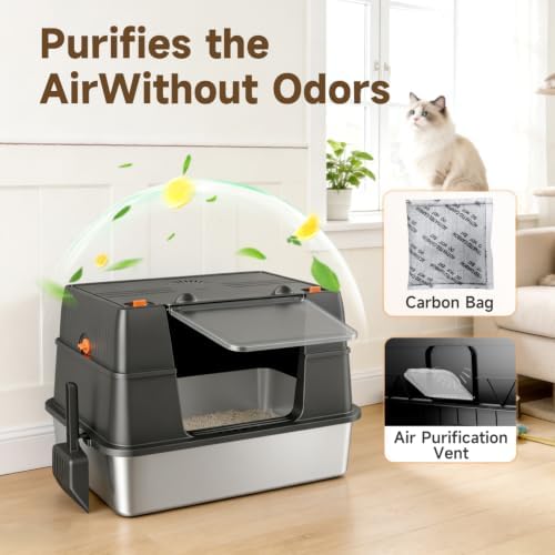 Stainless Steel Litter Box with Lid, High Sided Enclosed Metal Litter Box for Big Cats, Easy Cleaning Anti-Urine Leakage, Non-Sticky Cat Box, Front Entry Top Exit KittyBox, Includes Mat & Scoop - Image 3