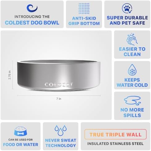 Coldest Dog Bowl - Anti Rust Metal, Non Slip, 3 Layers Insulated Stainless Steel Dog Bowls - Spill Proof & Heavy Duty - Water Bowl for Dogs, Cats, Dish Washer Safe (42 oz, Polished Stainless Steel) - Image 5
