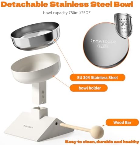Elevated Cat Bowl,Adjustable Raised Stainless Steel Feeder with Stand,White - Image 6