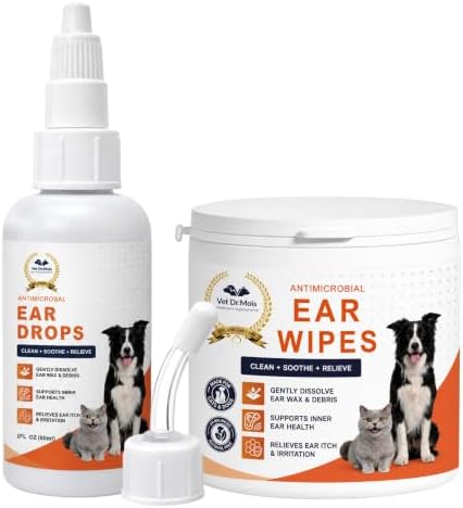 Dog Ear Cleaner Drops & Ear Wipes Kit – Advanced Pet Ear Cleaning Solution with Hypochlorous Acid, Helps Relieve Itchy Ears, Removes Wax & Odor, Gentle for Dogs & Cats by VetDrMois%C2%AEClinicalPetHealth