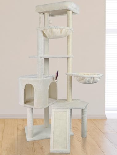 Wang Xin Four Layer Big Cat Tree with Huge Cat Condo and Two Hammocks Scratch Pad,Beige - Image 3